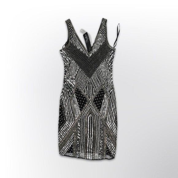 Parker Black Art Deco Beaded Sequin Mini Dress - Size 2 - Picture 2 of 2